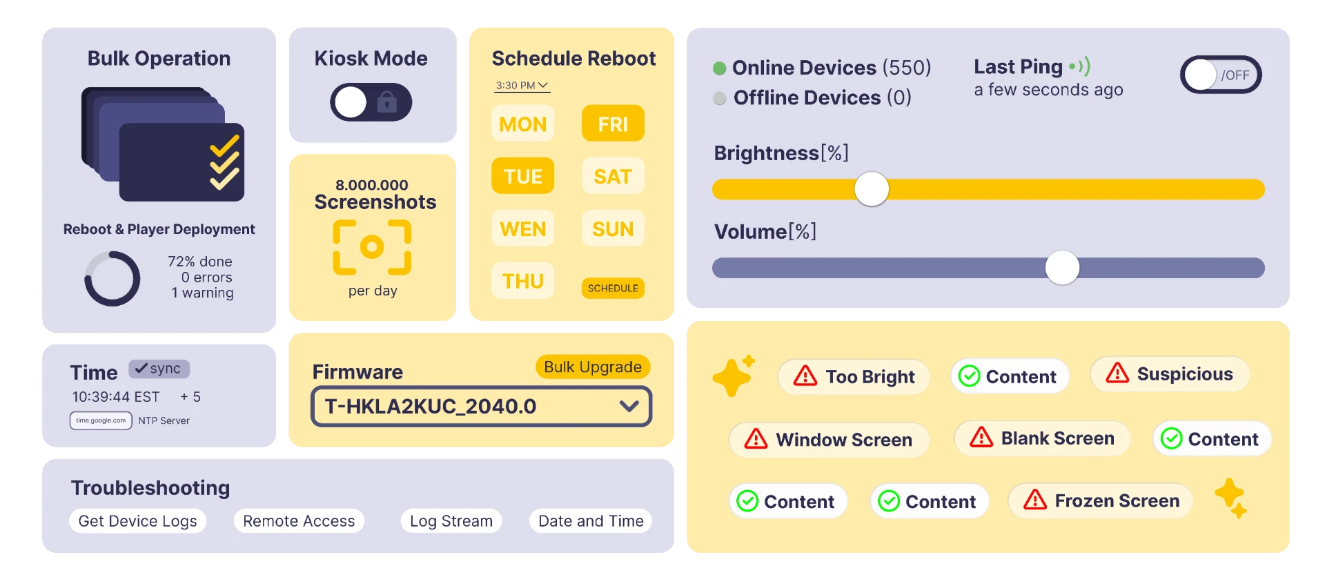 signageOS platform feature infographics: bulk operations, scheduling, monitoring