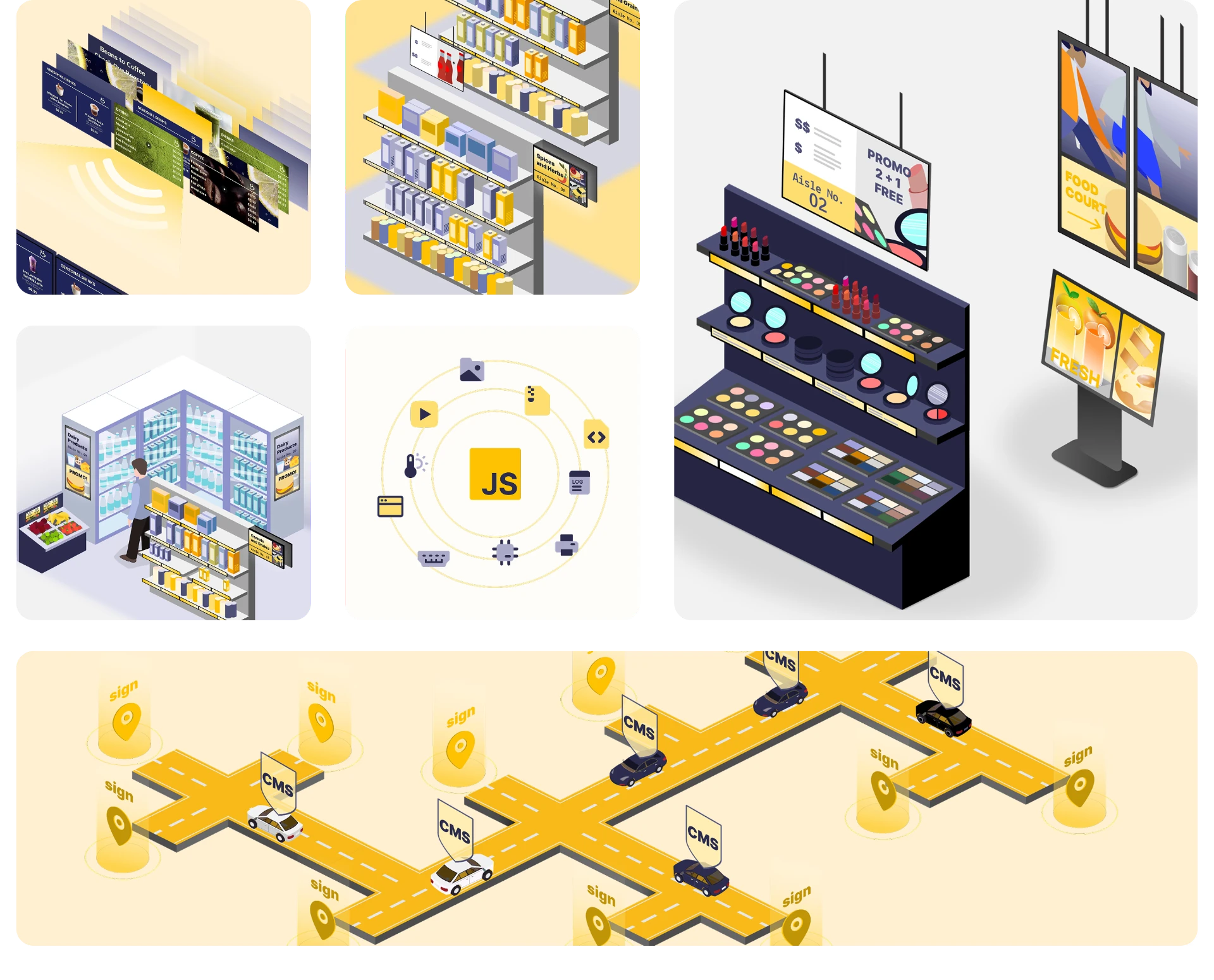 signageOS isometric illustrations: retail displays, digital menus, CMS network