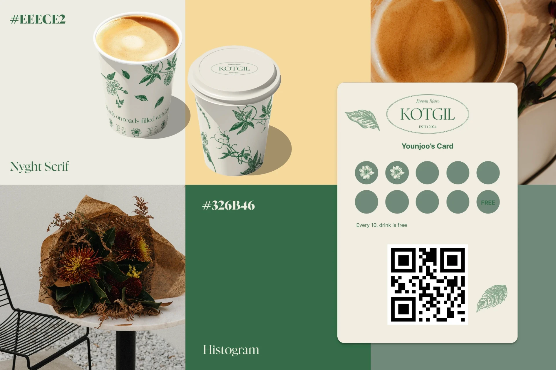 Kotgil brand board: colors, type and loyalty card