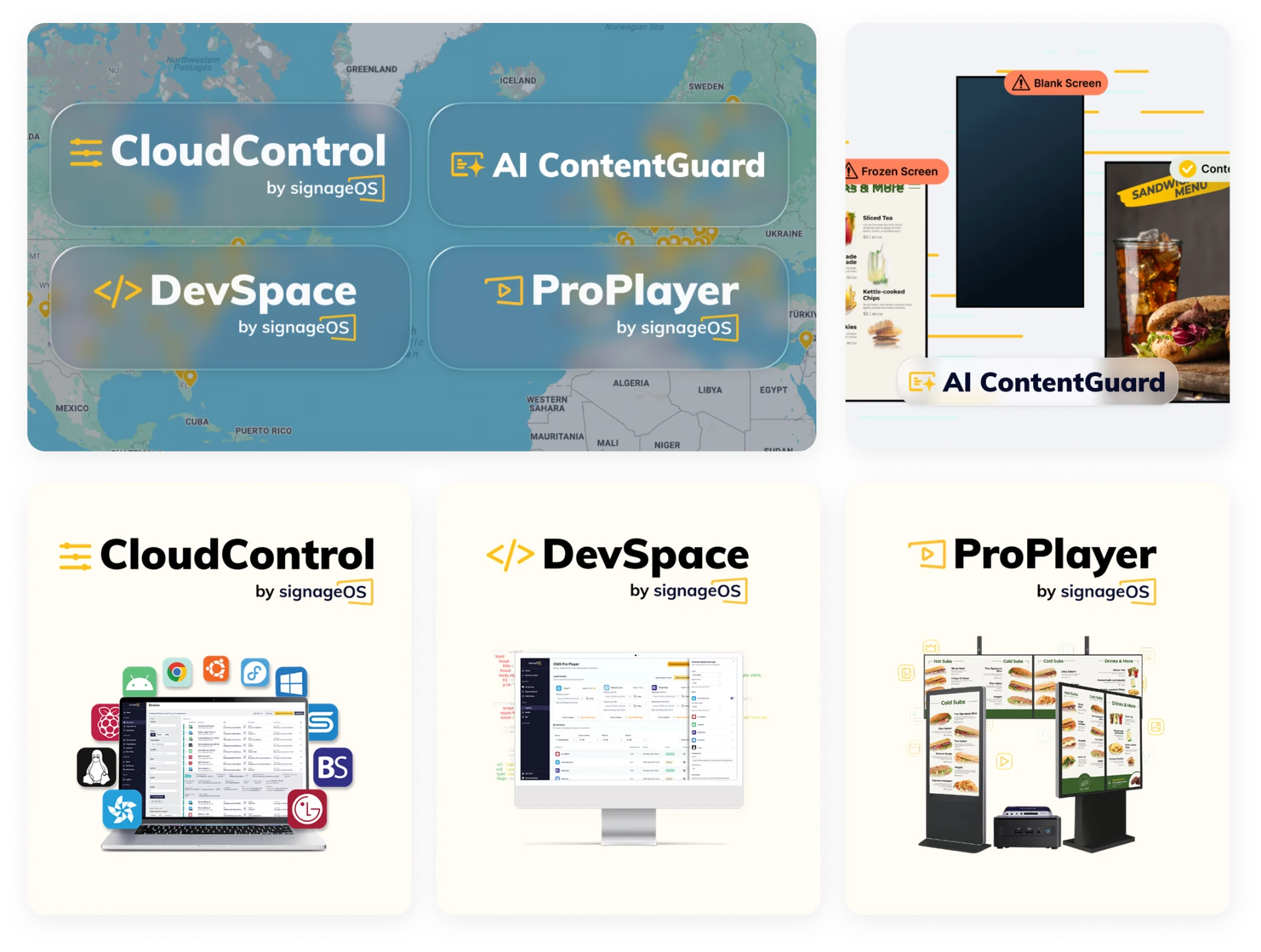 signageOS product sub-brands: CloudControl, AI ContentGuard, DevSpace, ProPlayer